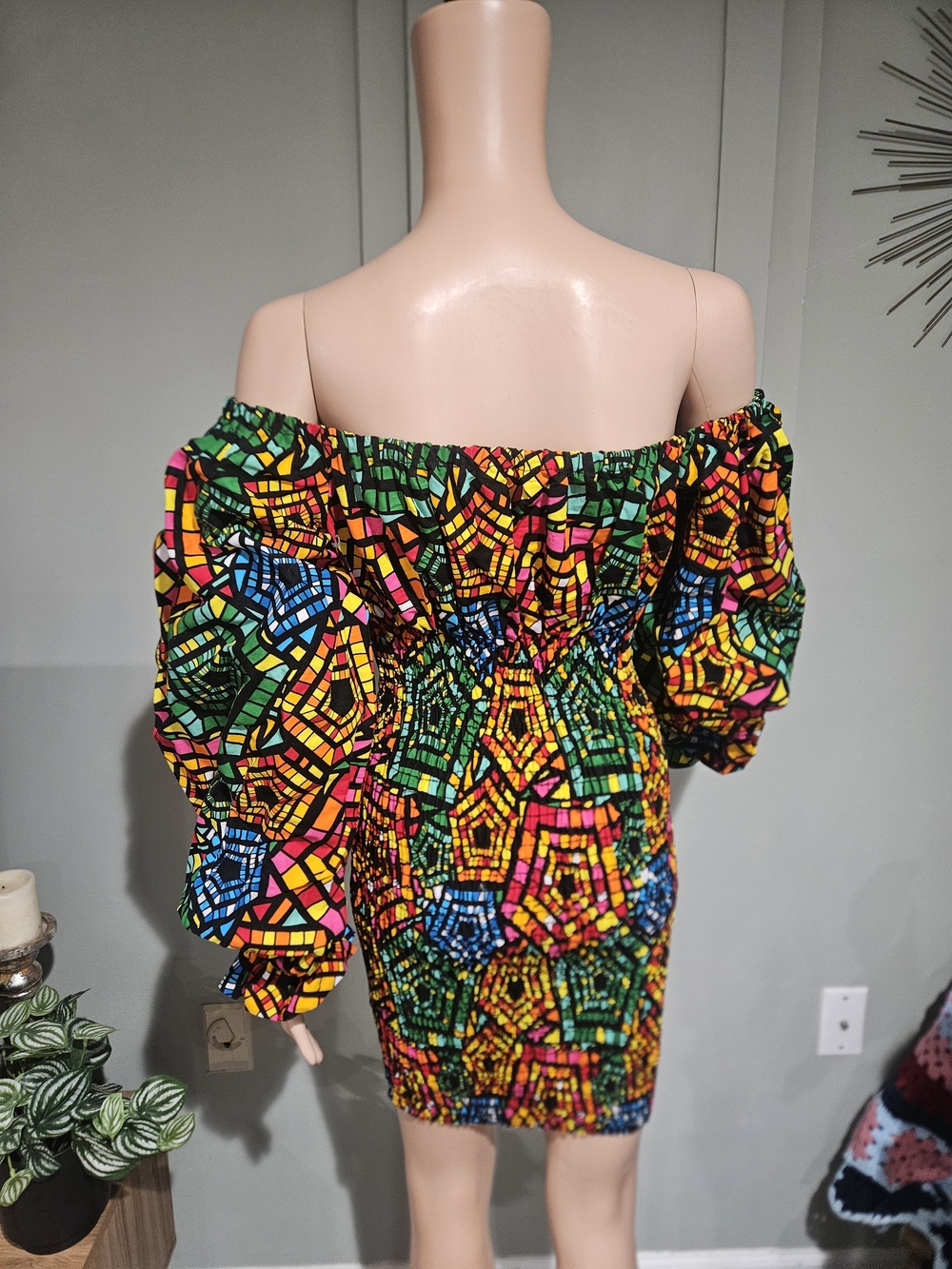 Awelana Tibori NWT Off Shoulder Smocked Mini Dress Colorful Mosaic Print - Picture 10 of 16